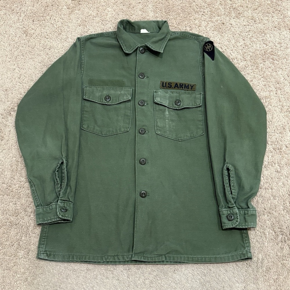 Vintage 70s OG-107 US Army Utility Field Shirt Cotton Sateen Men's Medium